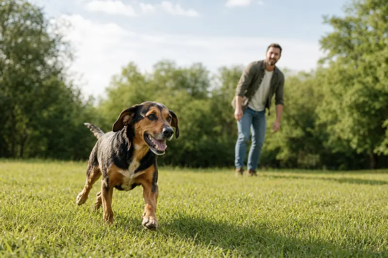 Ein vitaler Tiroler Bracke Hund läuft fröhlich über eine grüne Wiese im Park, während sein Besitzer im Hintergrund mit ihm spielt.