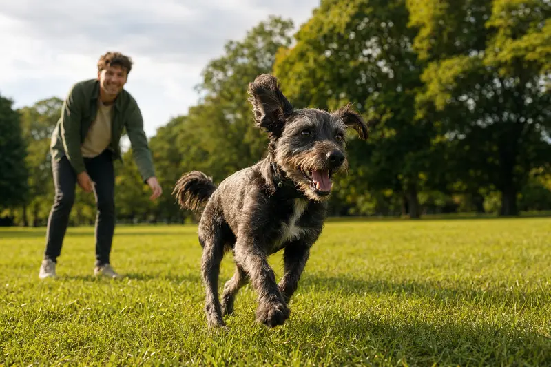 Ein vitaler Torfhund läuft fröhlich über eine grüne Wiese im Park, während sein Besitzer im Hintergrund mit ihm spielt.