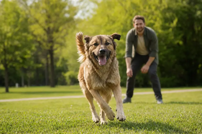 Ein vitaler Tosa Token Hund läuft fröhlich über eine grüne Wiese im Park, während sein Besitzer im Hintergrund mit ihm spielt.