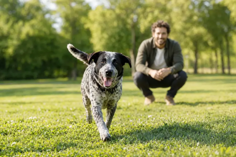 Ein vitaler Transmontano Hund läuft fröhlich über eine grüne Wiese im Park, während sein Besitzer im Hintergrund mit ihm spielt.