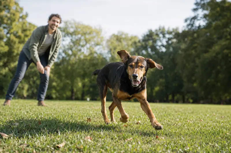 Ein vitaler Transsylvanischer Laufhund läuft fröhlich über eine grüne Wiese im Park, während sein Besitzer im Hintergrund mit ihm spielt.