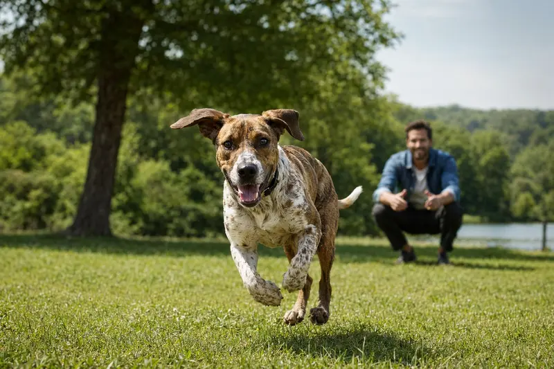 Ein vitaler Treeing Tennessee Brindle läuft fröhlich über eine grüne Wiese im Park, während sein Besitzer im Hintergrund mit ihm spielt.