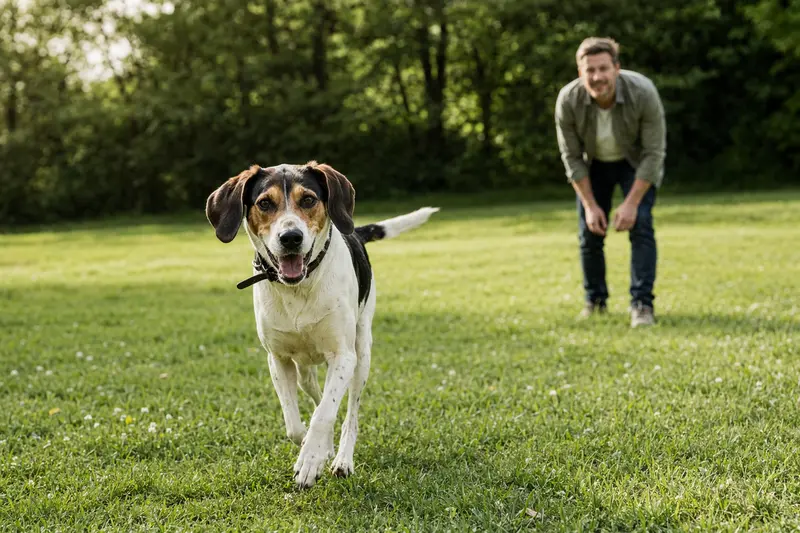 Ein vitaler Treeing Walker Coonhound läuft fröhlich über eine grüne Wiese im Park, während sein Besitzer im Hintergrund mit ihm spielt.