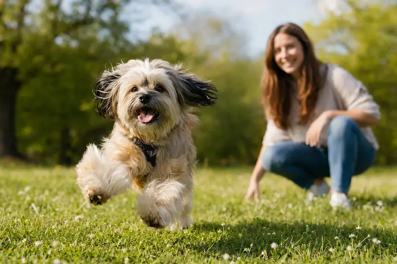 Ein vitaler Tsang Apso Hund läuft fröhlich über eine grüne Wiese im Park, während sein Besitzer im Hintergrund mit ihm spielt.