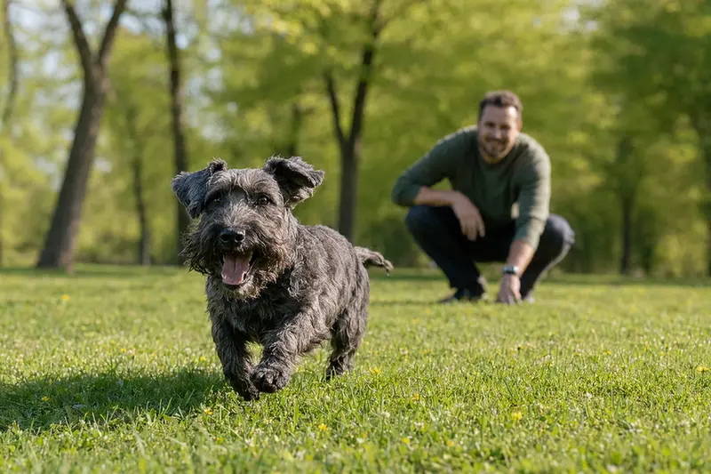Ein vitaler Tschechischer Terrier läuft fröhlich über eine grüne Wiese im Park, während sein Besitzer im Hintergrund mit ihm spielt.