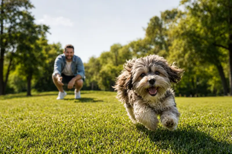 Ein vitaler Tsvetnaya Bolonka läuft fröhlich über eine grüne Wiese im Park, während sein Besitzer im Hintergrund mit ihm spielt.