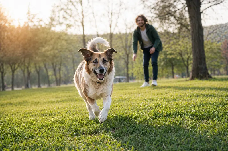 Ein vitaler Türkenhund läuft fröhlich über eine grüne Wiese im Park, während sein Besitzer im Hintergrund mit ihm spielt.