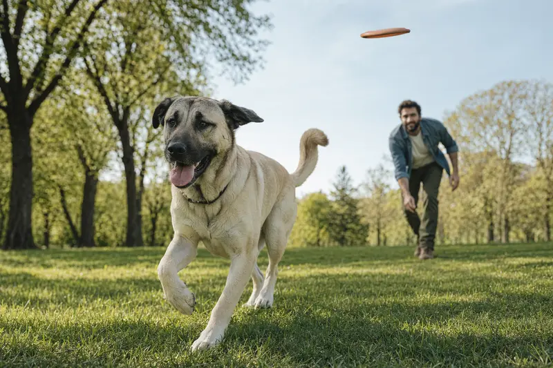 Ein vitaler Türkischer Hütehund läuft fröhlich über eine grüne Wiese im Park, während sein Besitzer im Hintergrund mit ihm spielt.