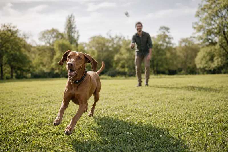 Ein vitaler Ungarische Bracke Hund läuft fröhlich über eine grüne Wiese im Park, während sein Besitzer im Hintergrund mit ihm spielt.
