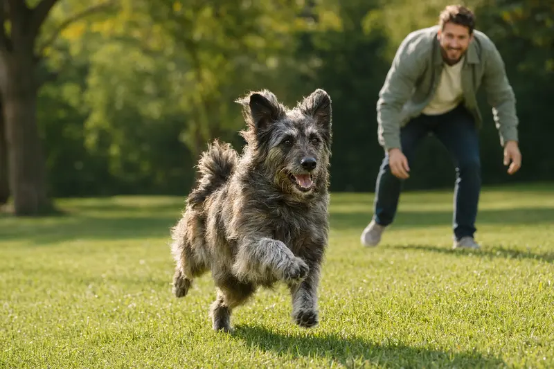 Ein vitaler Ungarischer Schäferhund läuft fröhlich über eine grüne Wiese im Park, während sein Besitzer im Hintergrund mit ihm spielt.