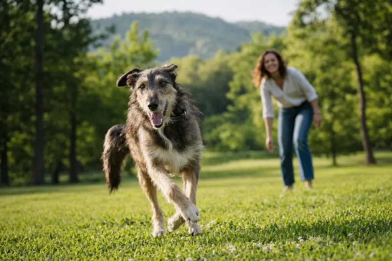 Ein vitaler Ungarischer Windhund läuft fröhlich über eine grüne Wiese im Park, während sein Besitzer im Hintergrund mit ihm spielt.