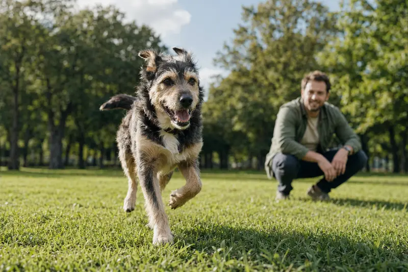 Ein vitaler Urrador-Hund läuft fröhlich über eine grüne Wiese im Park, während sein Besitzer im Hintergrund mit ihm spielt.