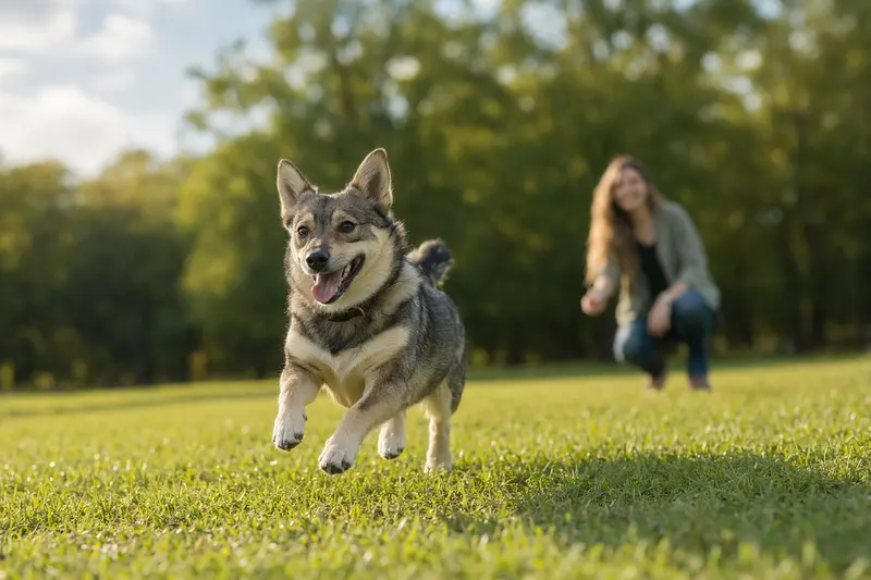 Ein vitaler Vallhund läuft fröhlich über eine grüne Wiese im Park, während sein Besitzer im Hintergrund mit ihm spielt.