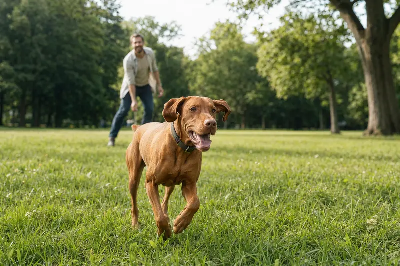 Ein glücklicher Vizsla Hund, der fröhlich über eine grüne Wiese läuft, während sein Besitzer im Hintergrund mit ihm spielt.