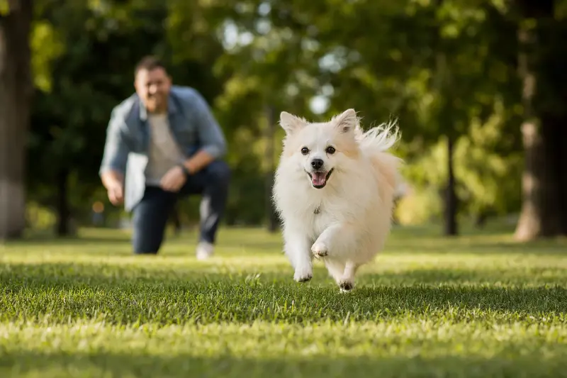 Ein fröhlicher Volpino Italiano Hund läuft über eine grüne Wiese, während sein Besitzer im Hintergrund spielt.