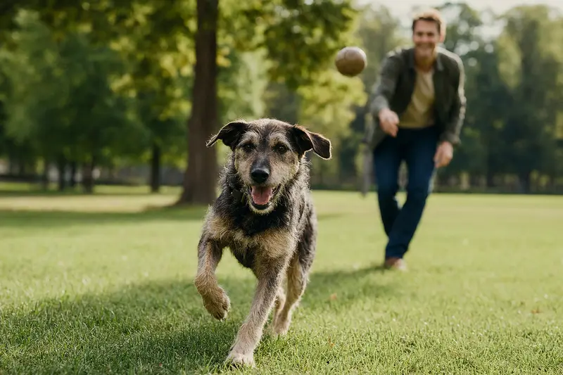 Ein vitaler Wachtelhund läuft fröhlich über eine grüne Wiese im Park, während sein Besitzer im Hintergrund mit ihm spielt.