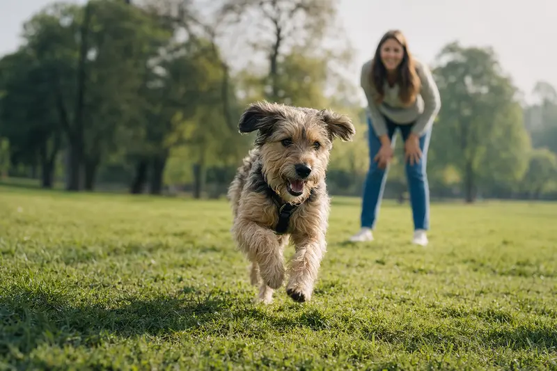 Ein fröhlicher Waterside Terrier Hund läuft über eine grüne Wiese, während sein Besitzer im Hintergrund spielt.
