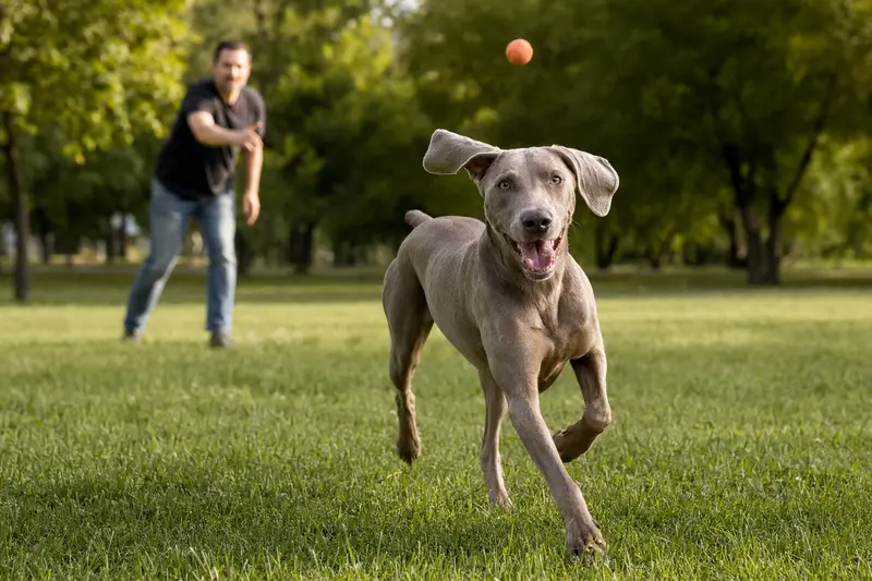 Ein fröhlicher Weimaraner läuft über eine grüne Wiese, während sein Besitzer im Hintergrund mit ihm spielt.