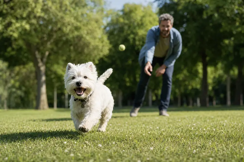 Ein fröhlicher Weißer Hochlandterrier läuft über eine grüne Wiese, während sein Besitzer im Hintergrund mit ihm spielt.
