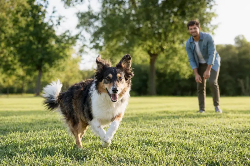 Ein fröhlicher Welsh Collie läuft über eine grüne Wiese, während sein Besitzer im Hintergrund mit ihm spielt.