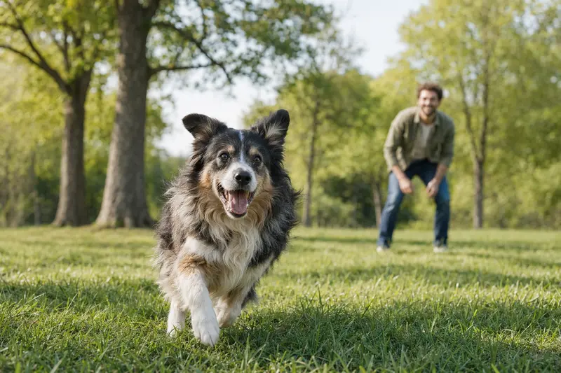 Ein vitaler Welsh Sheepdog läuft fröhlich über eine grüne Wiese im Park, während sein Besitzer im Hintergrund mit ihm spielt.