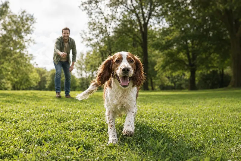Ein vitaler Welsh Springer Spaniel läuft fröhlich über eine grüne Wiese im Park, während sein Besitzer im Hintergrund mit ihm spielt.
