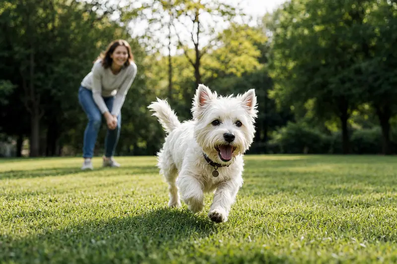 Ein vitaler West Highland White Terrier läuft fröhlich über eine grüne Wiese im Park, während sein Besitzer im Hintergrund mit ihm spielt.