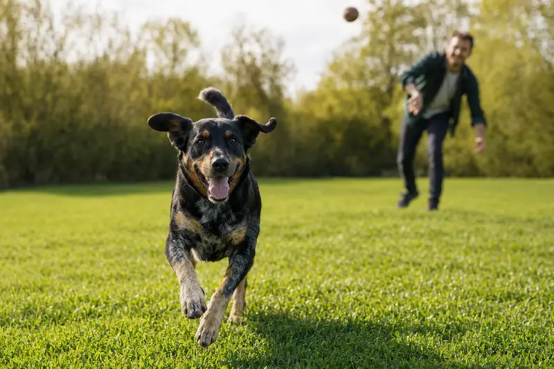 Ein vitaler Westerwälder Kuhhund läuft fröhlich über eine grüne Wiese im Park, während sein Besitzer im Hintergrund mit ihm spielt.