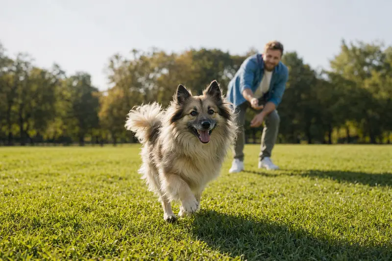 Ein vitaler Westgotenspitz läuft fröhlich über eine grüne Wiese im Park, während sein Besitzer im Hintergrund mit ihm spielt.