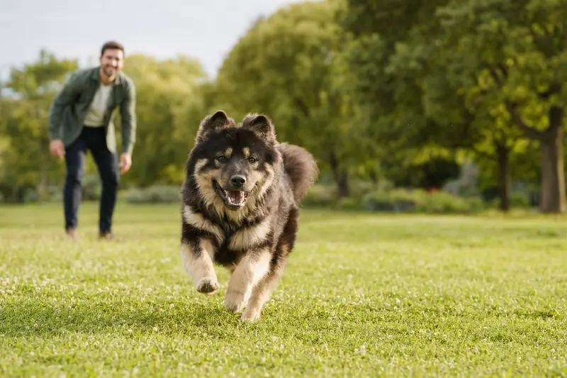 Ein vitaler Wolfs-Chow Hund läuft fröhlich über eine grüne Wiese, während sein Besitzer im Hintergrund spielt.