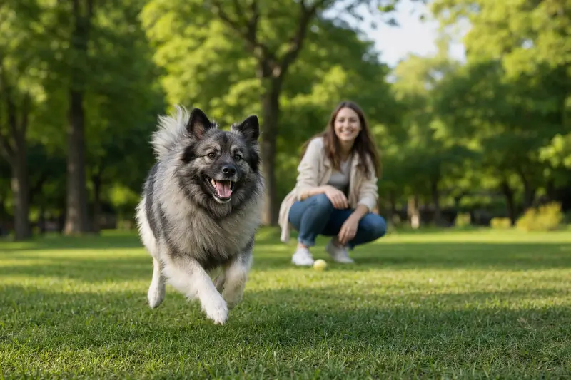 Ein lebhafter Wolfsspitz Hund spielt fröhlich auf einer grünen Wiese, während sein Besitzer im Hintergrund mit ihm interagiert.