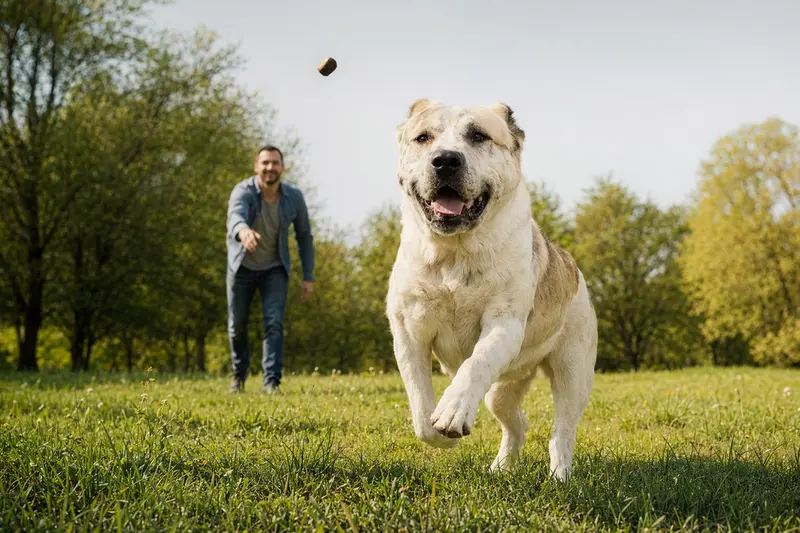 Ein zentralasiatischer Schäferhund läuft fröhlich über eine grüne Wiese, während sein Besitzer im Hintergrund spielt.