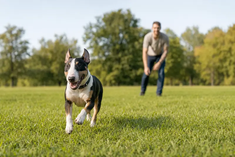 Ein lebhafter Zwerg-Bullterrier läuft glücklich über eine grüne Wiese, während sein Besitzer im Hintergrund mit ihm spielt.
