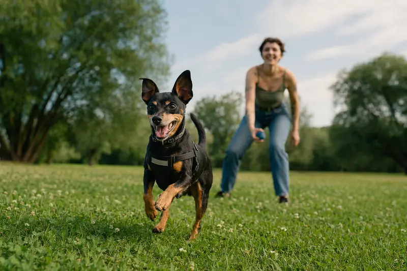 Ein vitaler Zwergpinscher läuft fröhlich über eine grüne Wiese im Park, während sein Besitzer im Hintergrund mit ihm spielt und die Sonne scheint.
