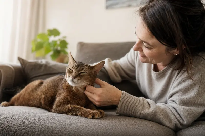 Eine ältere Abessinier Katze liegt entspannt auf einem gemütlichen Sofa, während ihr Besitzer sie liebevoll streichelt.