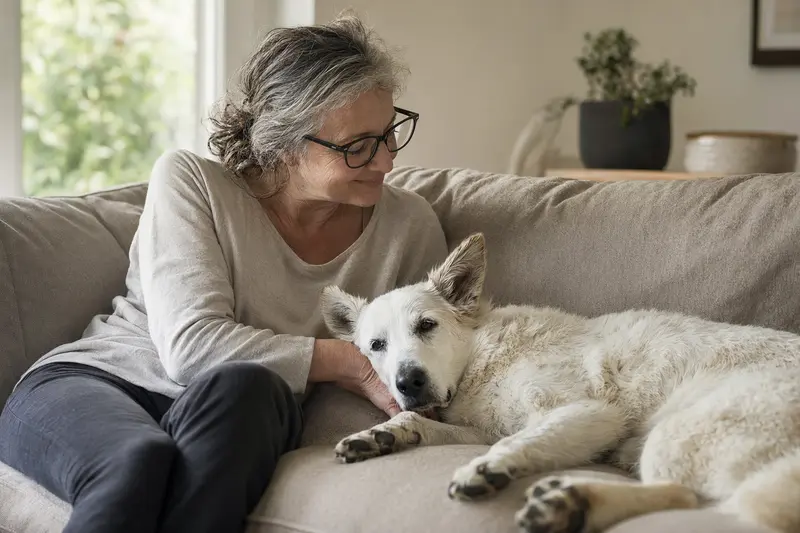 Älterer weißer Schäferhund liegt entspannt auf einem Sofa, während sein Besitzer ihn liebevoll streichelt.