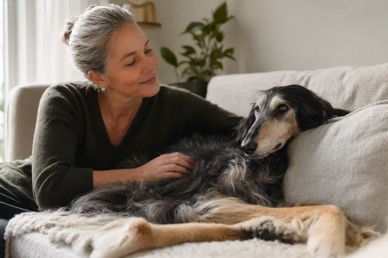 Ein älterer Afghanischer Windhund entspannt auf einem Sofa, während sein Besitzer ihn liebevoll streichelt.
