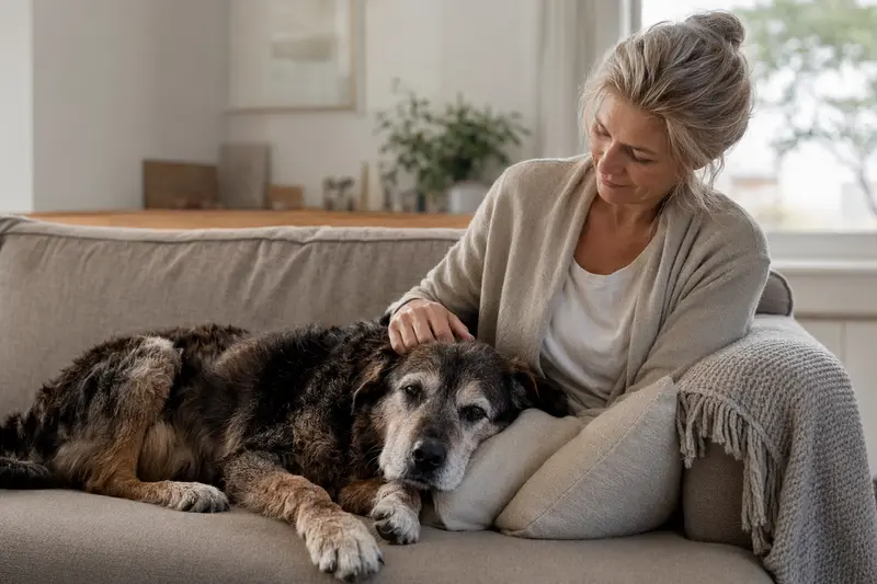 Ein älterer Agassi Hund entspannt auf einem gemütlichen Sofa, während sein Besitzer ihn liebevoll streichelt.