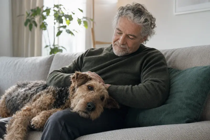 Ein älterer Airedale Terrier Hunde entspannt auf einem Sofa, während sein Besitzer ihn streichelt und eine warme, fürsorgliche Atmosphäre schafft.