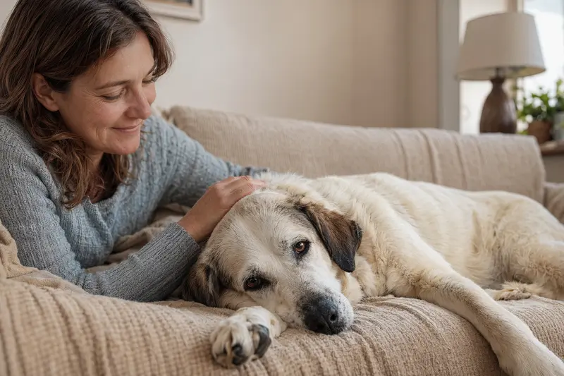 Ein älterer Akbas Hund liegt entspannt auf einem gemütlichen Sofa, während sein Besitzer ihn liebevoll streichelt.