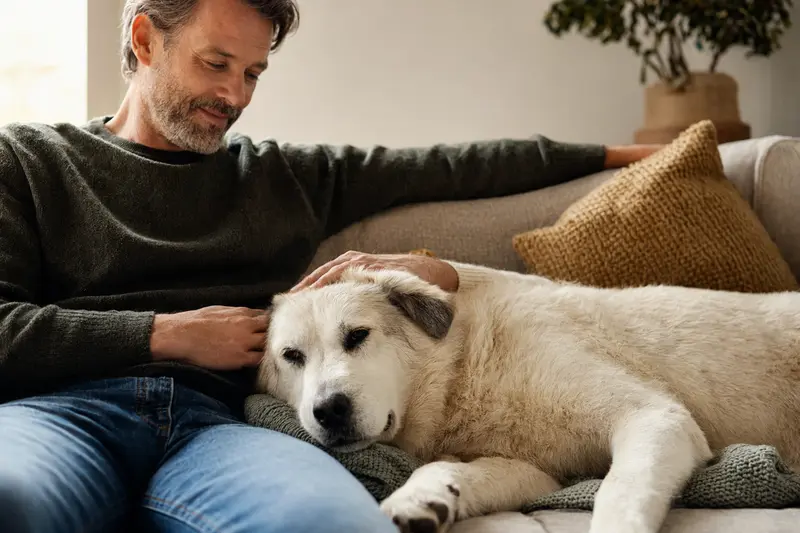 Ein älterer Akbash Hund liegt entspannt auf einem gemütlichen Sofa, während sein Besitzer ihn liebevoll streichelt.