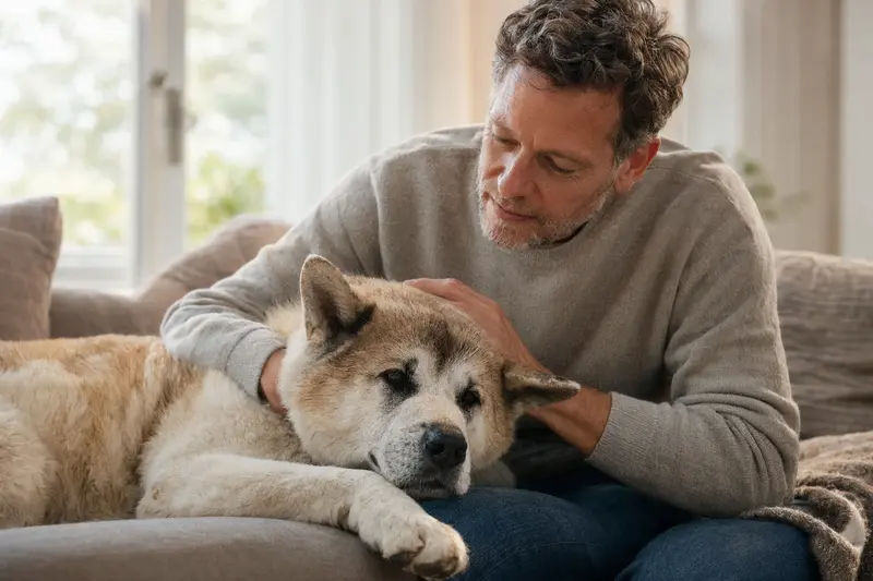 Ein älterer Akita Ken Hund liegt entspannt auf einem gemütlichen Sofa, während sein Besitzer ihn liebevoll streichelt.