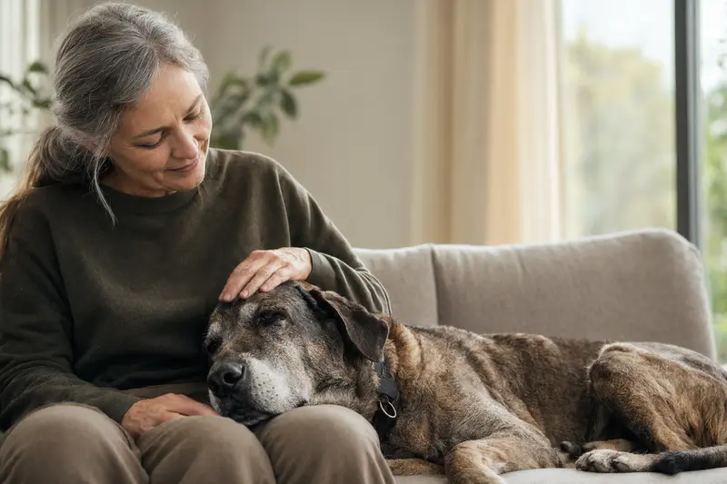 Ein älterer Alangu Mastiff liegt entspannt auf einem gemütlichen Sofa, während sein Besitzer ihn liebevoll streichelt.