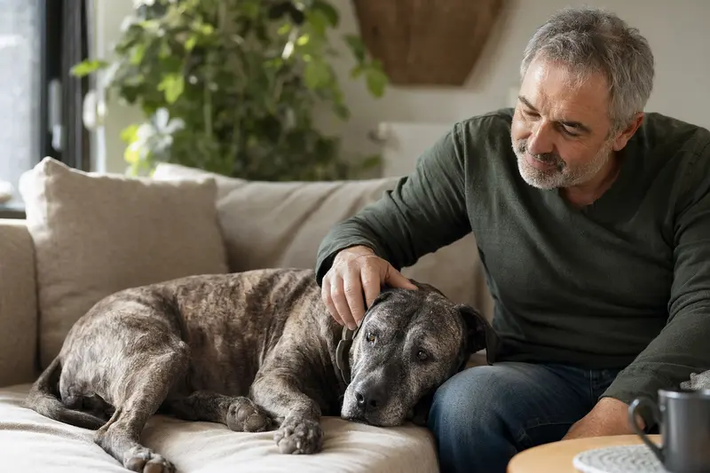 Ein älterer Alano Español Hund liegt entspannt auf einem gemütlichen Sofa, während sein Besitzer ihn liebevoll streichelt.