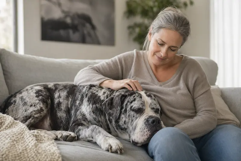 Ein älterer Alapaha Blue Blood Bulldog liegt entspannt auf einem Sofa, während sein Besitzer ihn liebevoll streichelt.