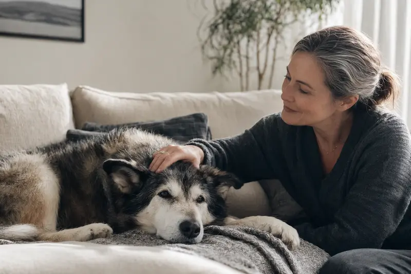 Ein älterer Alaskan Malamute liegt entspannt auf einem Sofa, während sein Besitzer ihn liebevoll streichelt.