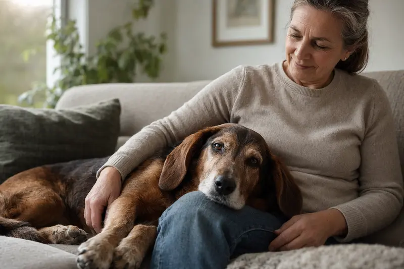 Ein älterer Alpenländische-Erzgebirgler Dachsbracke Hund liegt entspannt auf einem Sofa, während sein Besitzer ihn liebevoll streichelt.