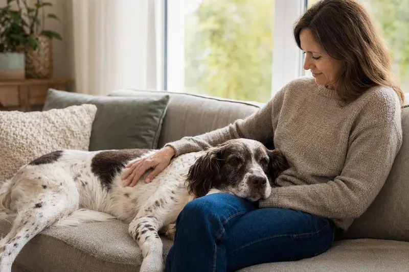 Ein älterer Altdänischer Hühnerhund liegt entspannt auf einem Sofa, während er von seinem Besitzer liebevoll gestreichelt wird.