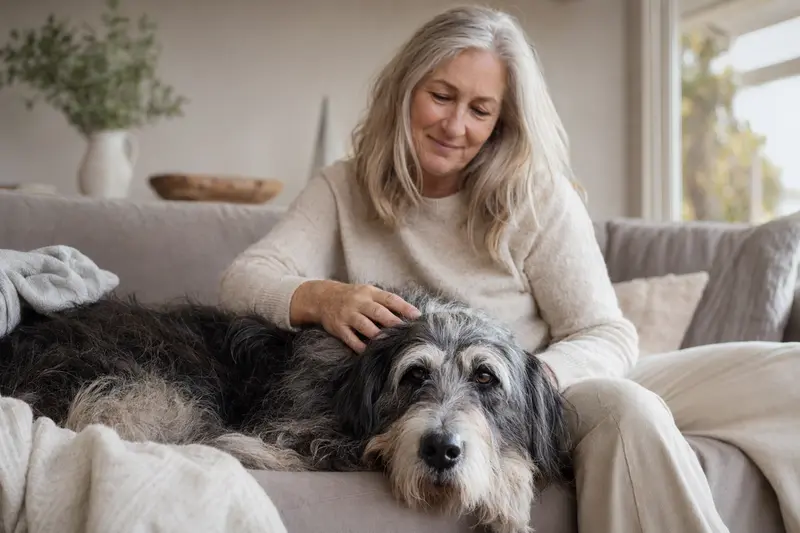 Ein älterer Altdeutscher Hütehund liegt entspannt auf dem Sofa, während sein Besitzer ihn liebevoll streichelt.