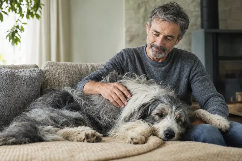 Ein entspannter Altenglischer Schäferhund liegt auf einem Sofa, während sein Besitzer ihn liebevoll streichelt.